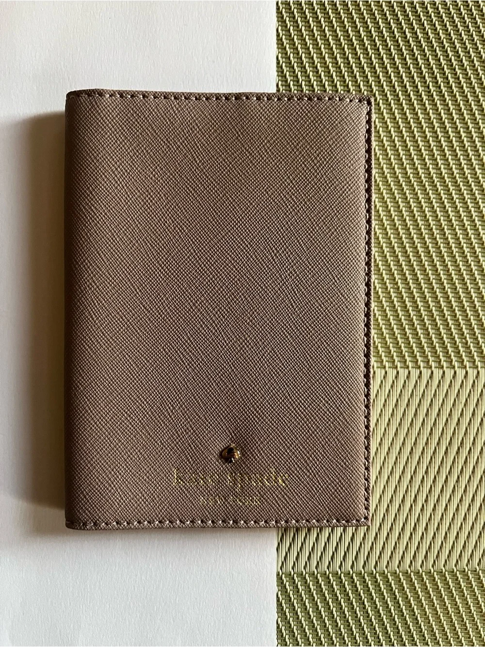 Kate Spade Mikas Pond Passport Holder in Taupe Saffiano leather